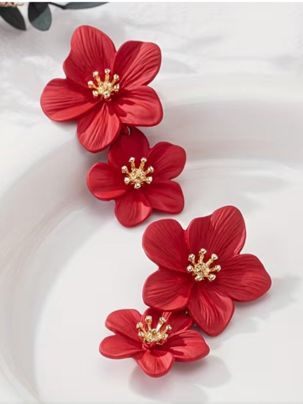NEW Janey Red and Gold Flower Double Drop Earrings - Picture 3 of 5